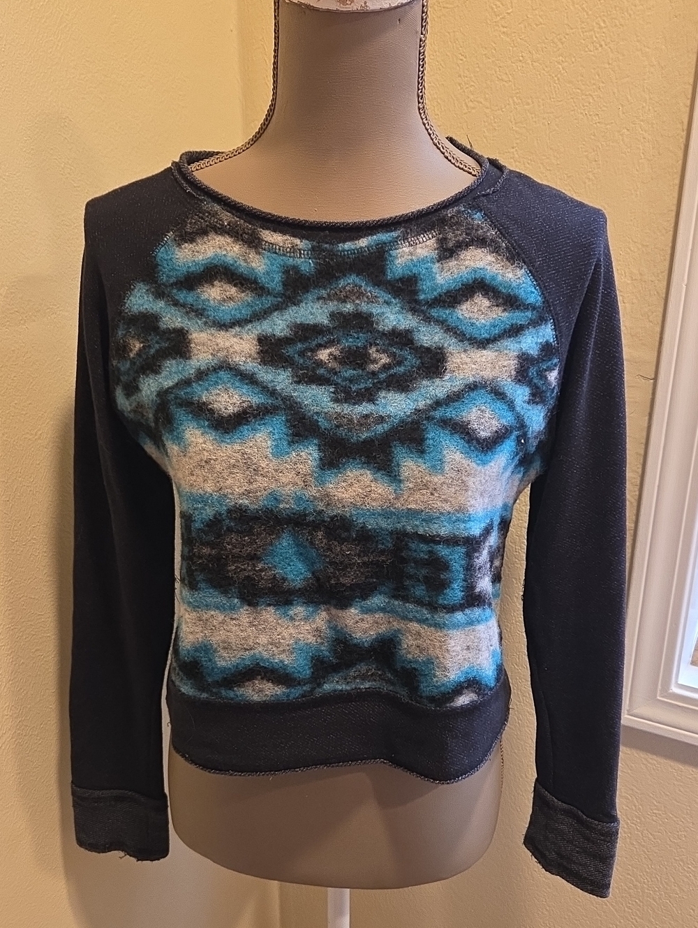 Free People Black Sweater with Wool Teal and Gray Aztec Panel